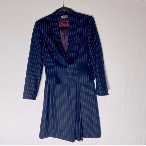 Vintage Dresses & Skirts - Vintage Crème Caramel Navy Blue Pinstriped Suit Skirt Set S